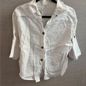 Eberjey Cream Button-Up Shirt with Brown Accents